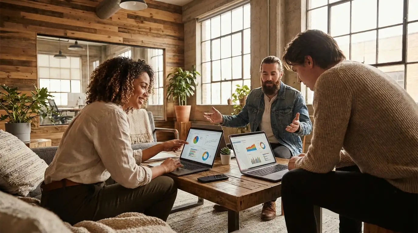 Agency analysts discussing zero-click content strategy in meeting