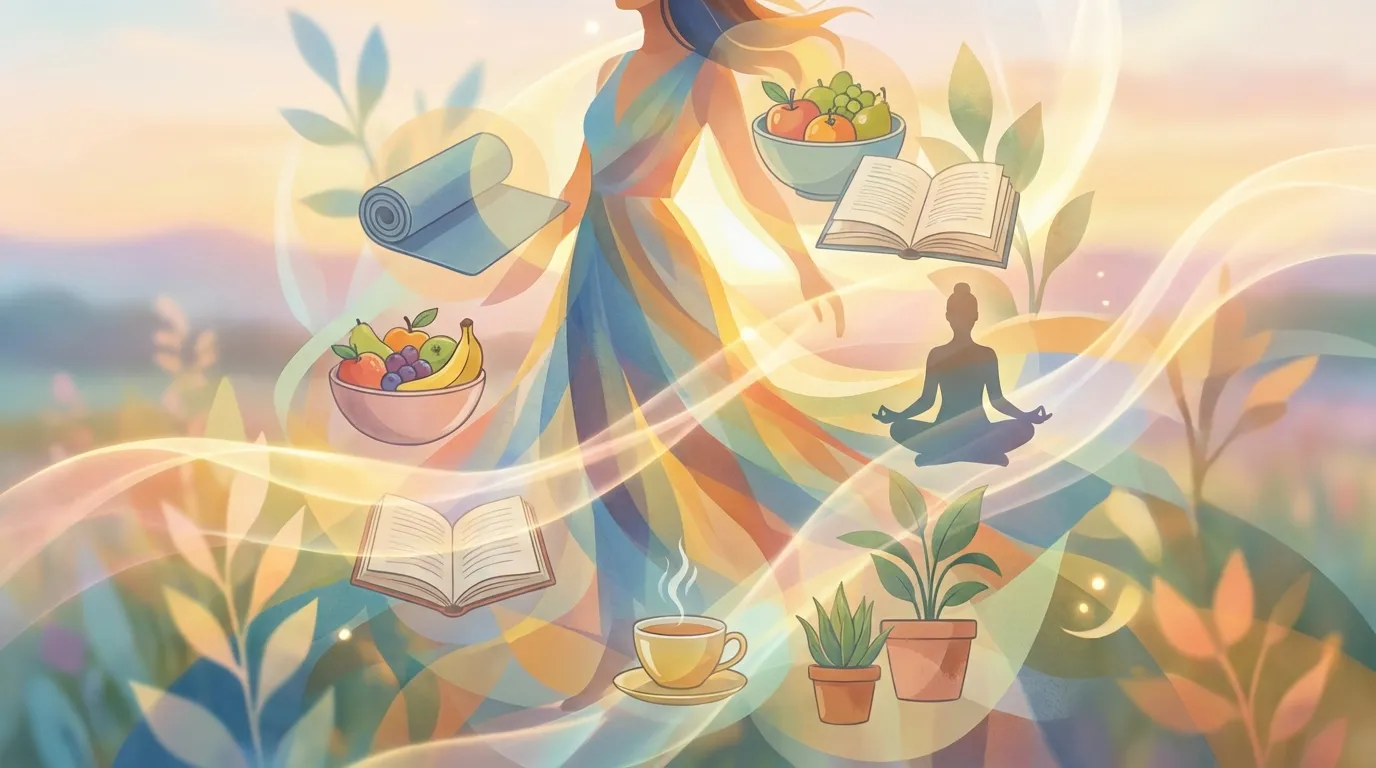 A vibrant and colorful abstract montage depicting a person surrounded by symbols of a wellness routine, such as yoga mats, healthy food, and meditation, set in a serene, dreamlike environment with sof