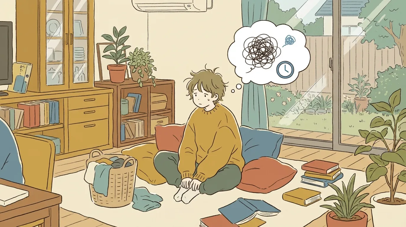 An ADHD person struggling to get a chore done because they're overwhelmed. Soft minimalist Japanese 