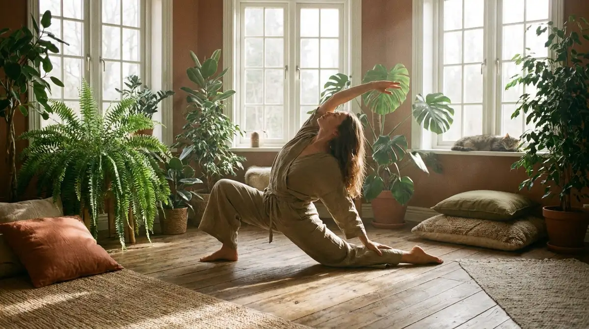 A serene indoor scene featuring a person practicing yoga on a wooden floor, surrounded by lush green plants. Soft natural light filters through large windows, creating a tranquil atmosphere with warm 