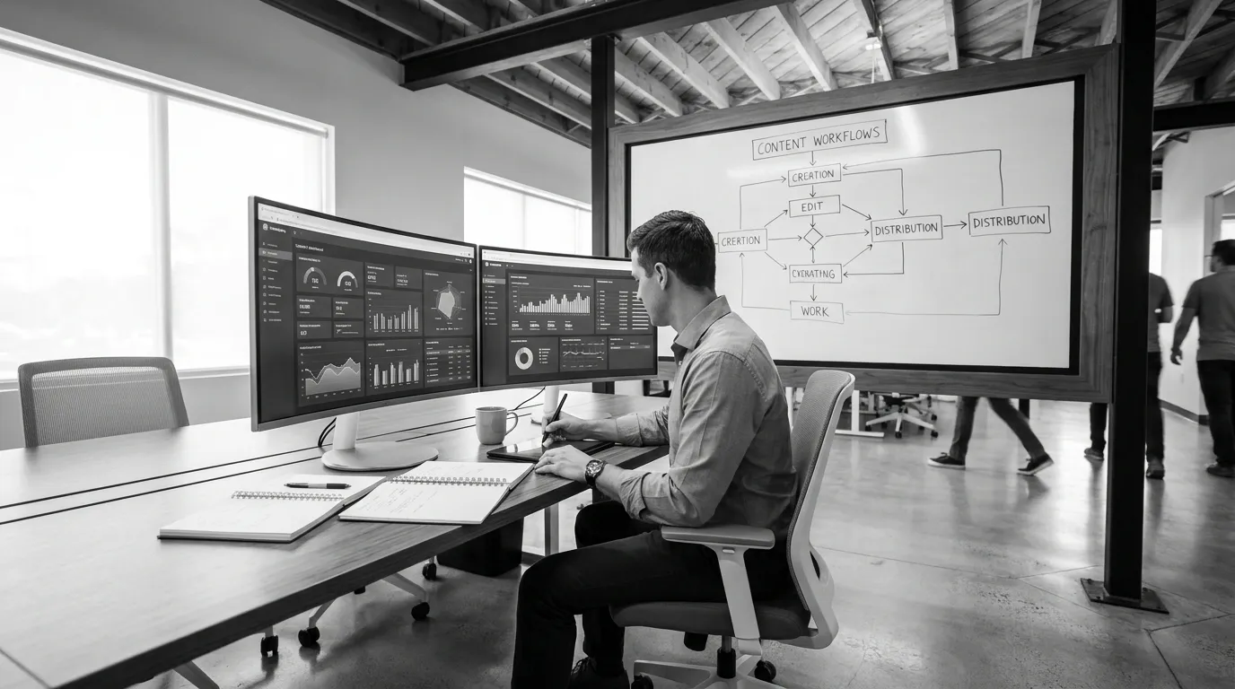 Content strategist reviewing AI and SEO dashboards