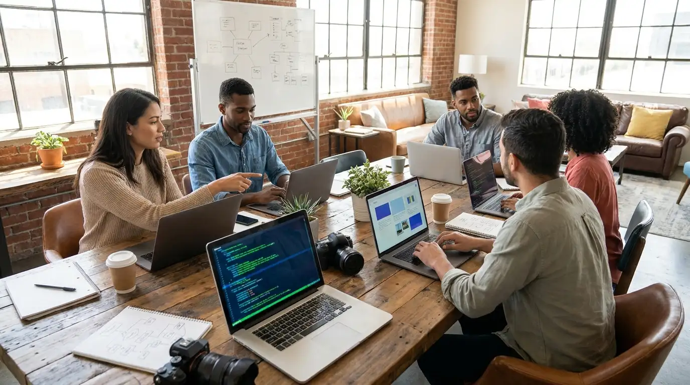 Content team reviewing AI-assisted SEO briefs on shared screens