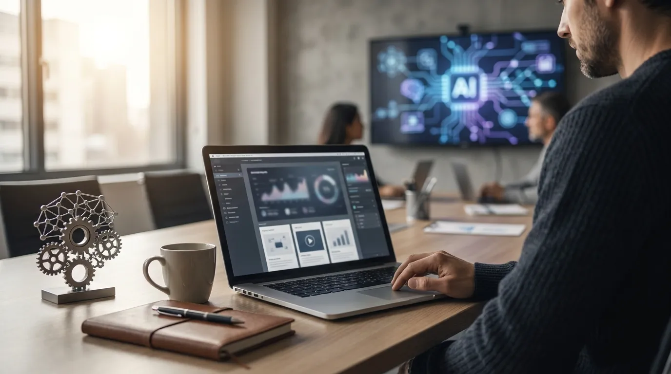 Editor refining AI-generated content on laptop in bright office