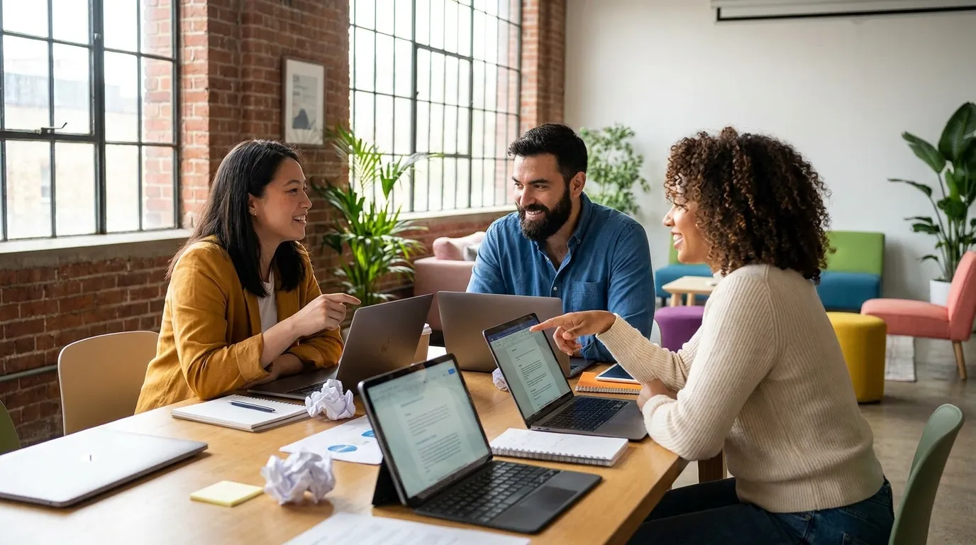 Editorial team finalizing AI-assisted article for SEO