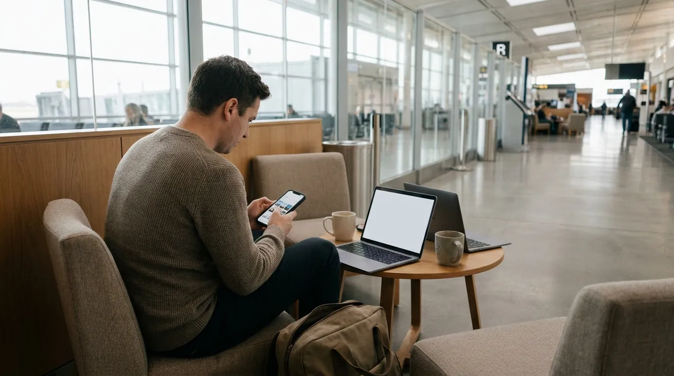 Frequent traveler checking habits on phone in airport