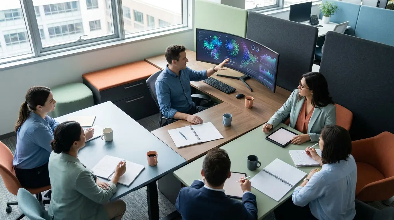 Journalist using AI tools in a newsroom