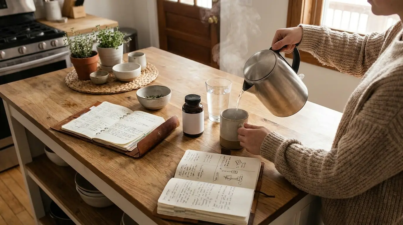 Kitchen counter with kettle, mug, water glass, supplements, and a person reaching for vitamins during a calm morning routine, natural light, realistic textures, no text