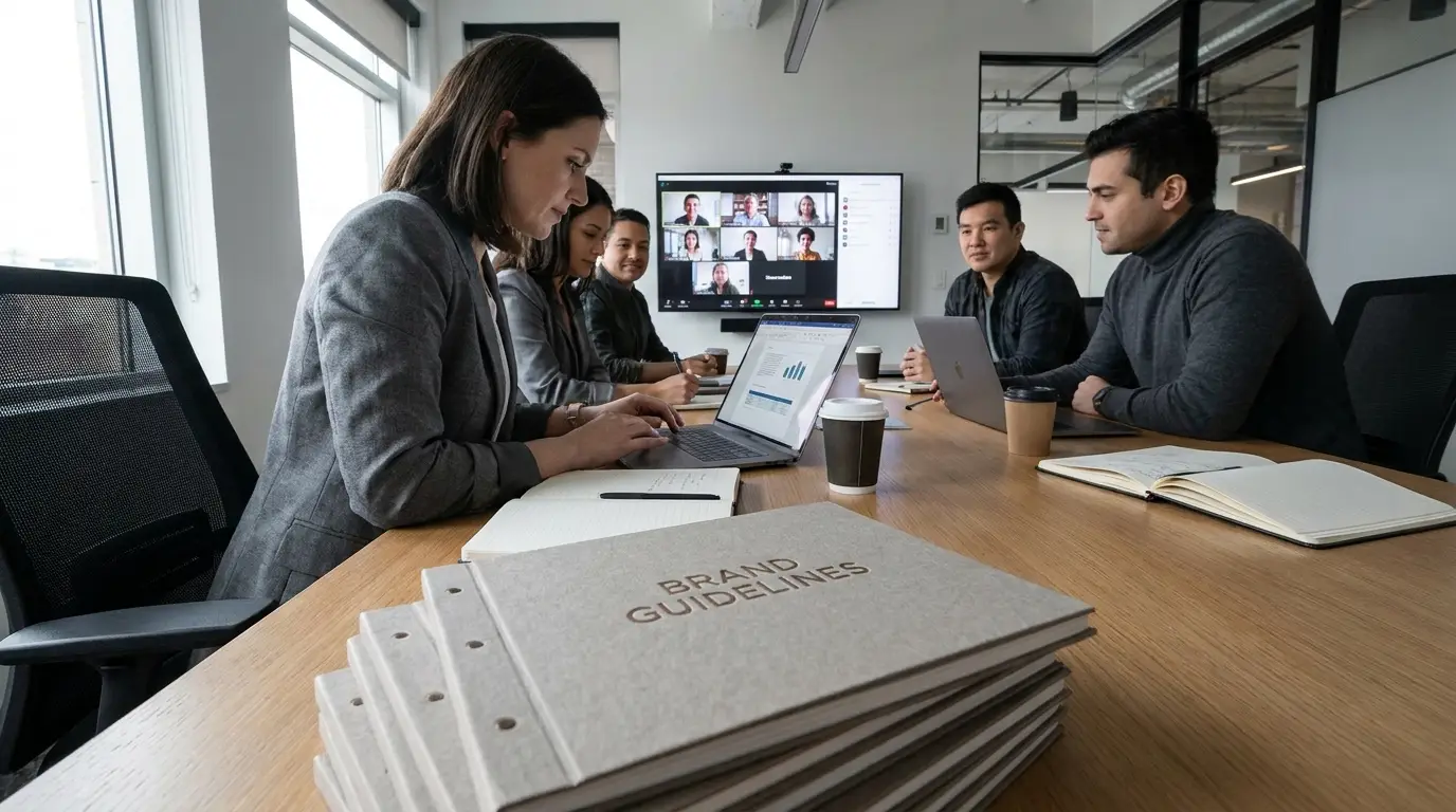 Marketing manager approving final SEO article draft with team