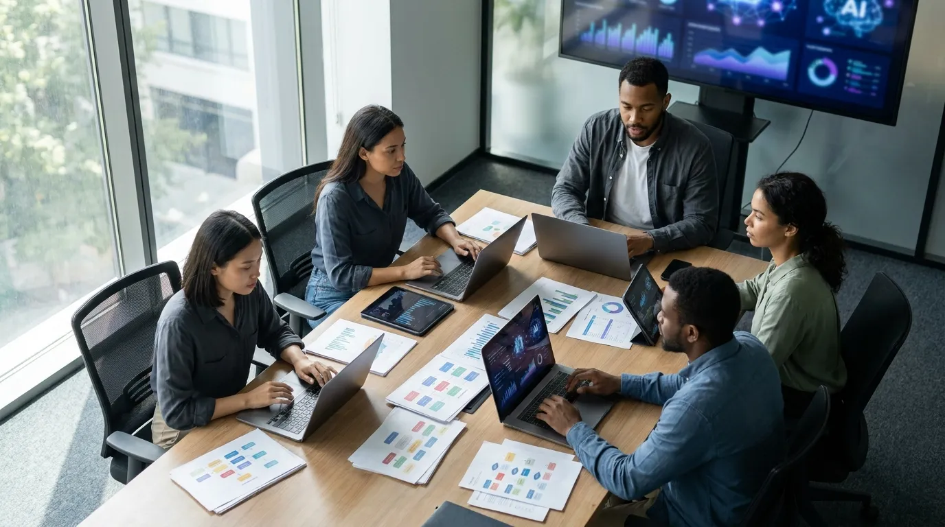 Marketing team planning hybrid AI-human SEO workflow