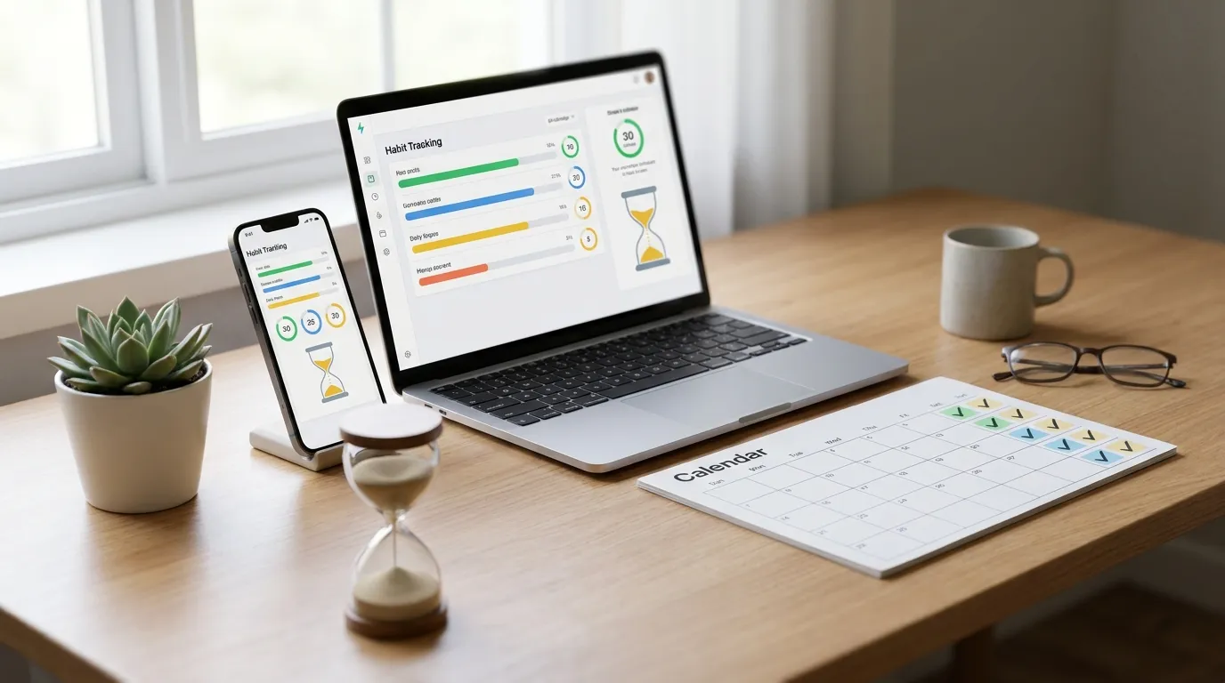 Minimal habit tracking app on phone and laptop showing routine consistency