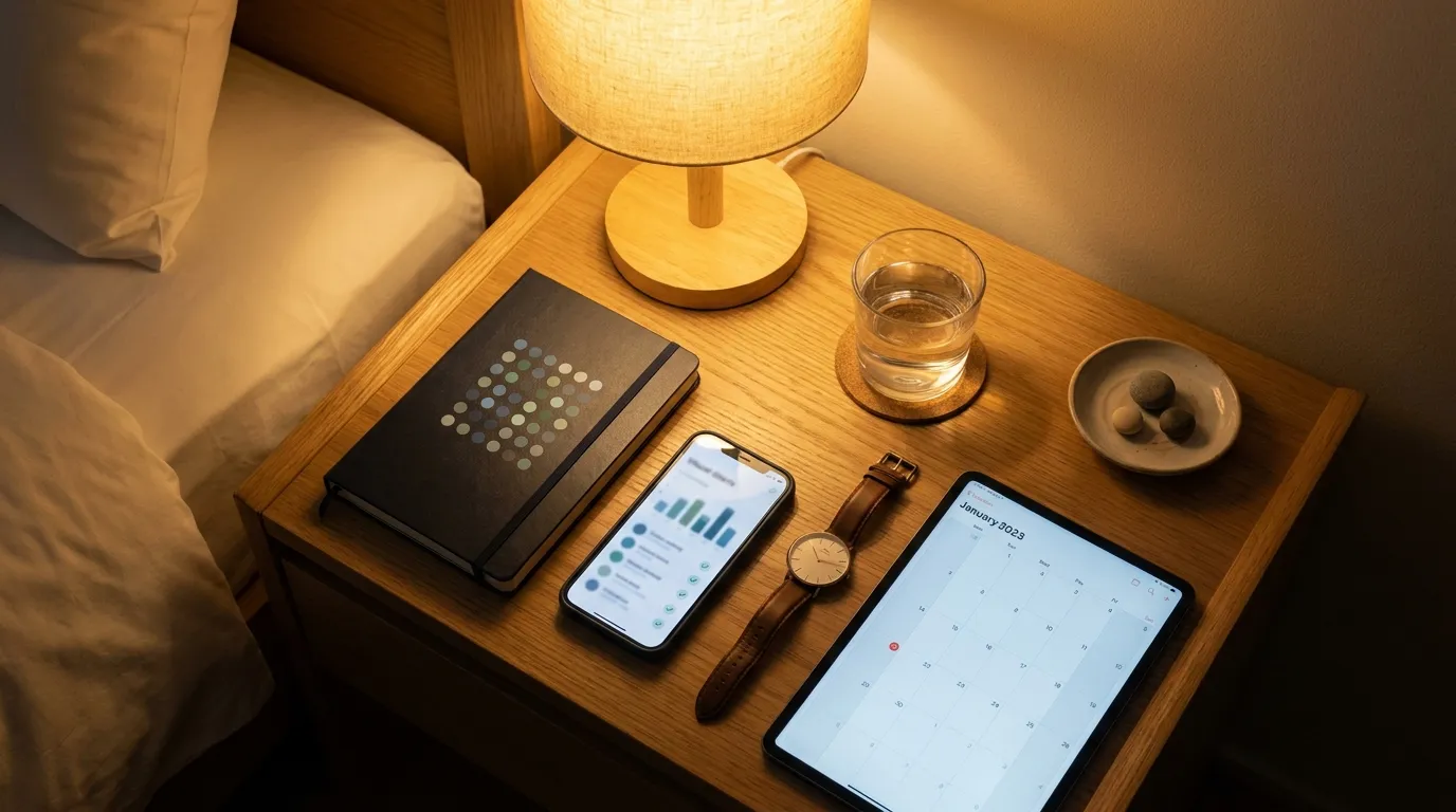 Minimal travel habit tracking setup on bedside table