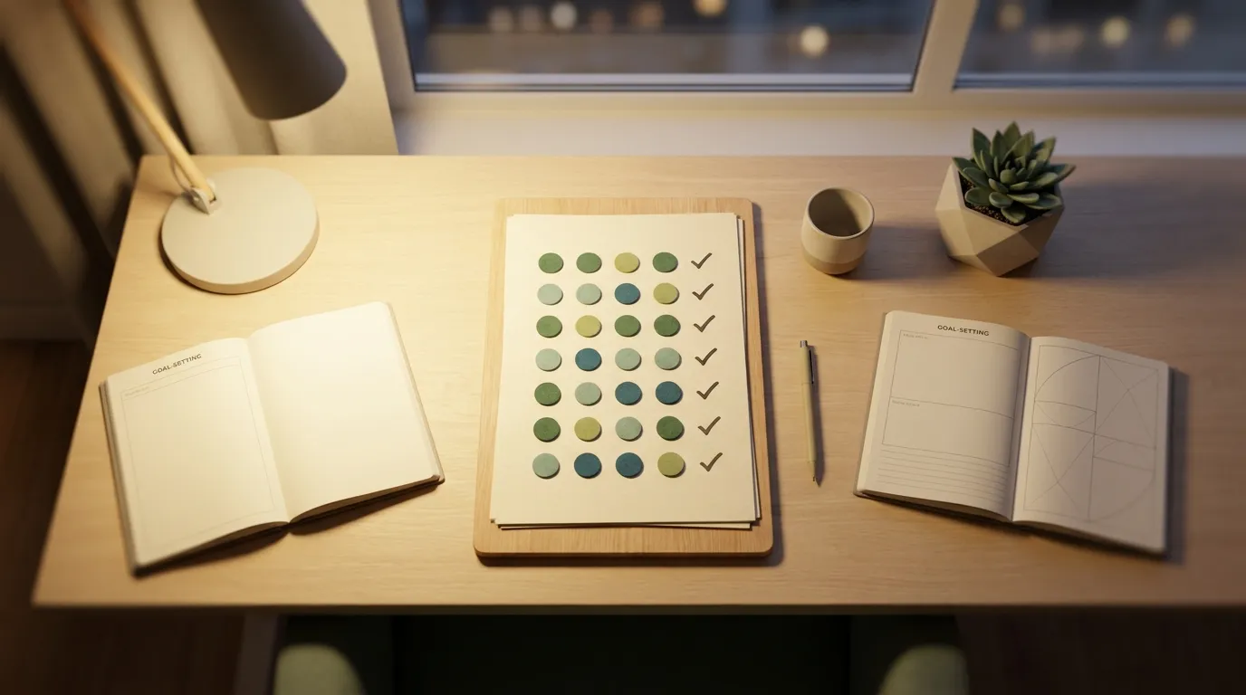 Minimalist habit tracker board with calm streak dots and clean daily check marks