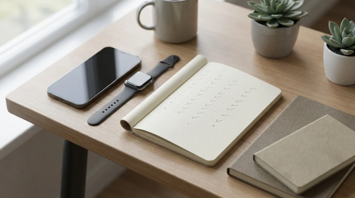 Minimalist workspace with iPhone, Apple Watch, and notebook for habit planning