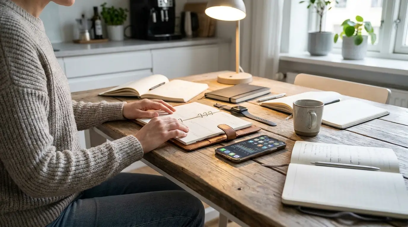 Night shift worker reviewing a weekly routine plan at home