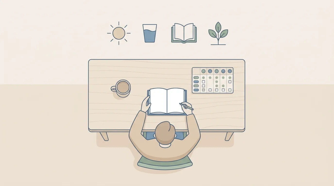 Person building a calm daily routine at a tidy desk