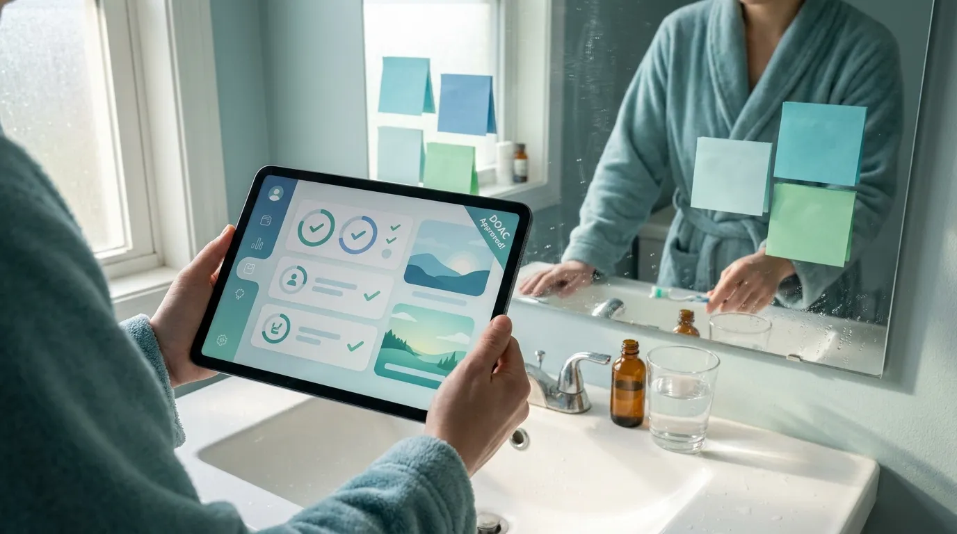 Person building a calm morning wellness routine in a bright bathroom, toothbrush, glass of water, vitamins on counter, natural light, realistic home setting, no text