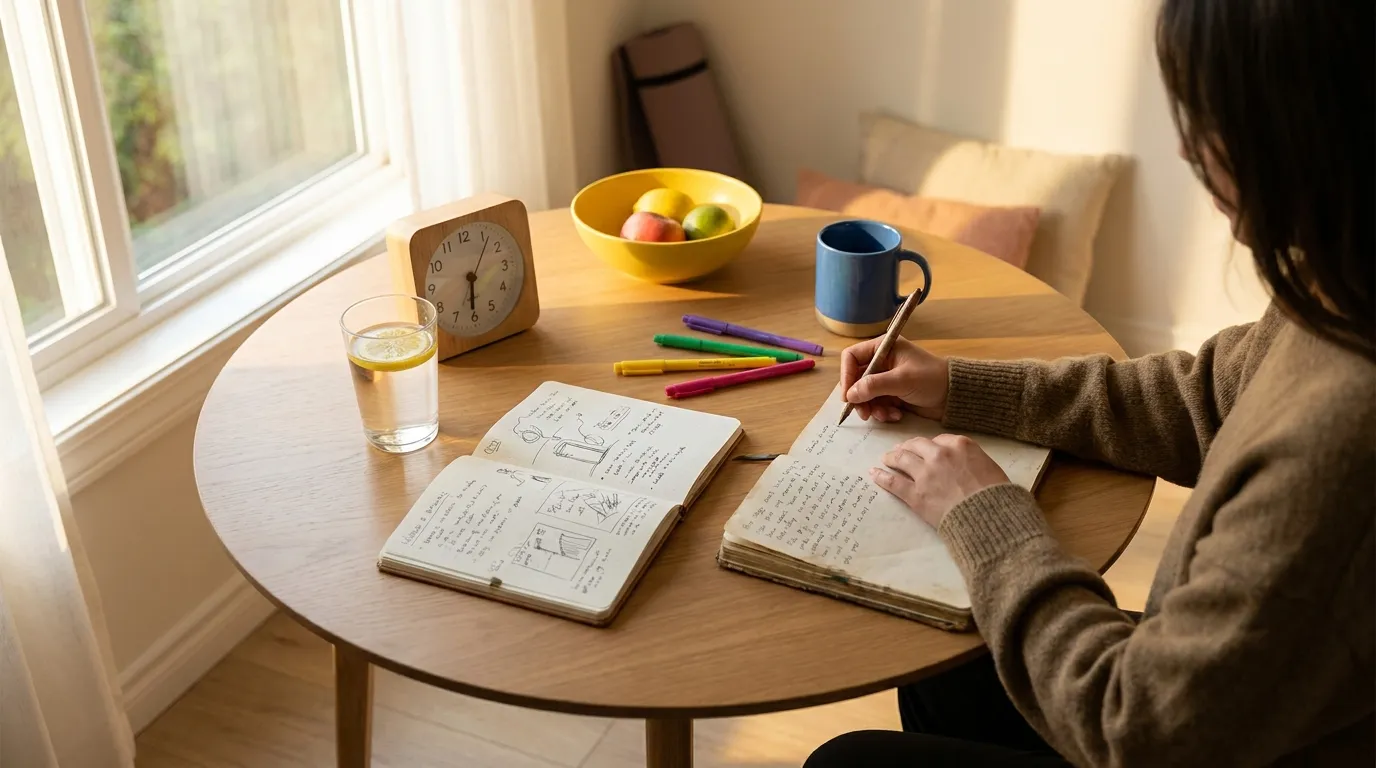Person building a morning routine with notebook and water glass