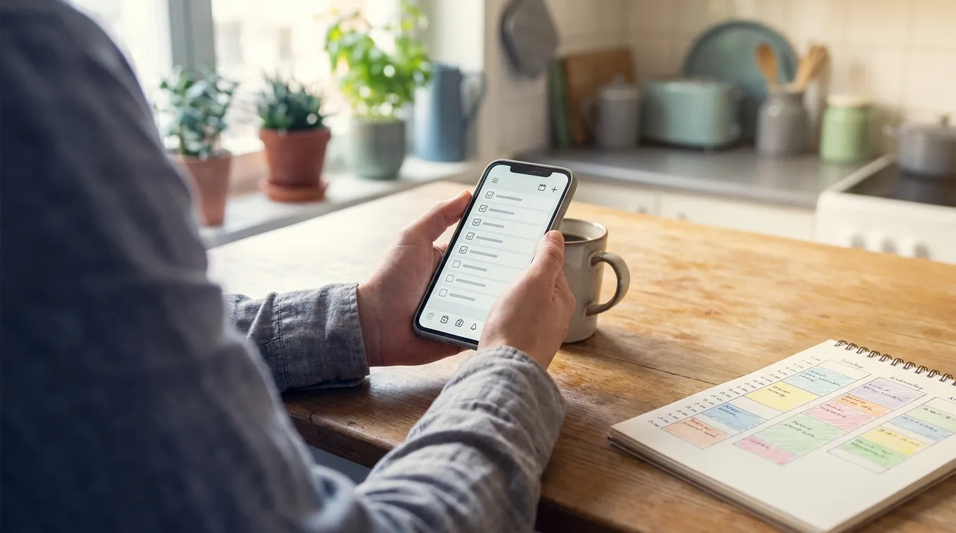 Person checking off a daily habit on an iPhone while drinking coffee
