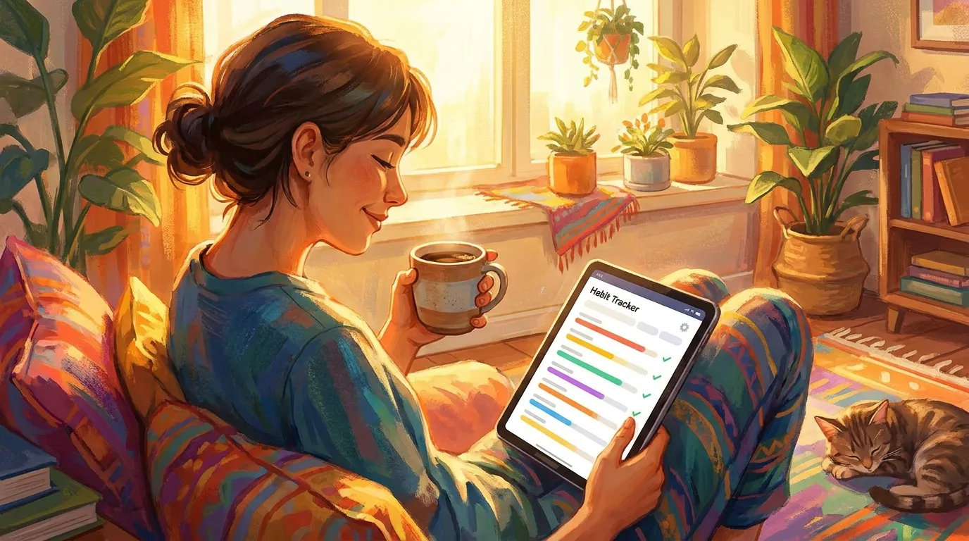 Person checking off morning habits on a colorful tracker app