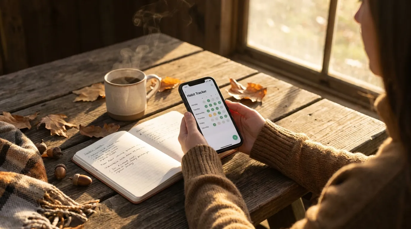 Person checking off simple habits on a phone beside a cup of coffee and notebook