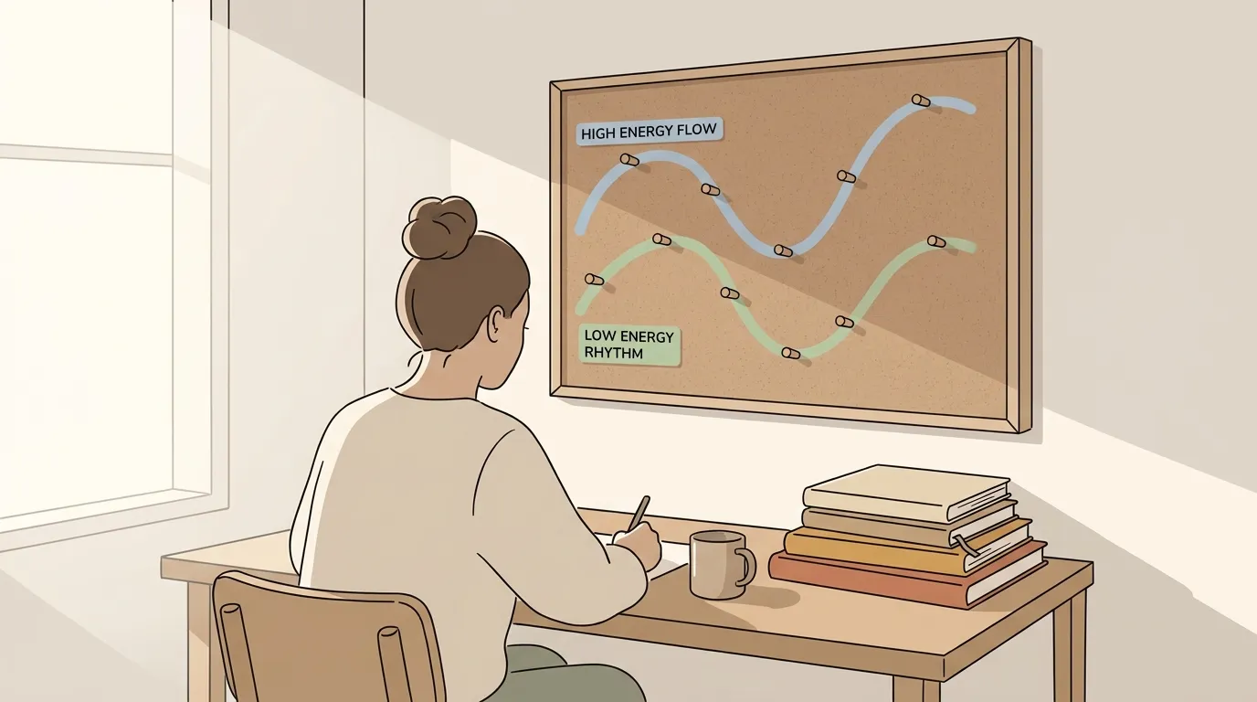 Person choosing between high-energy and low-energy habit options on a simple planner board