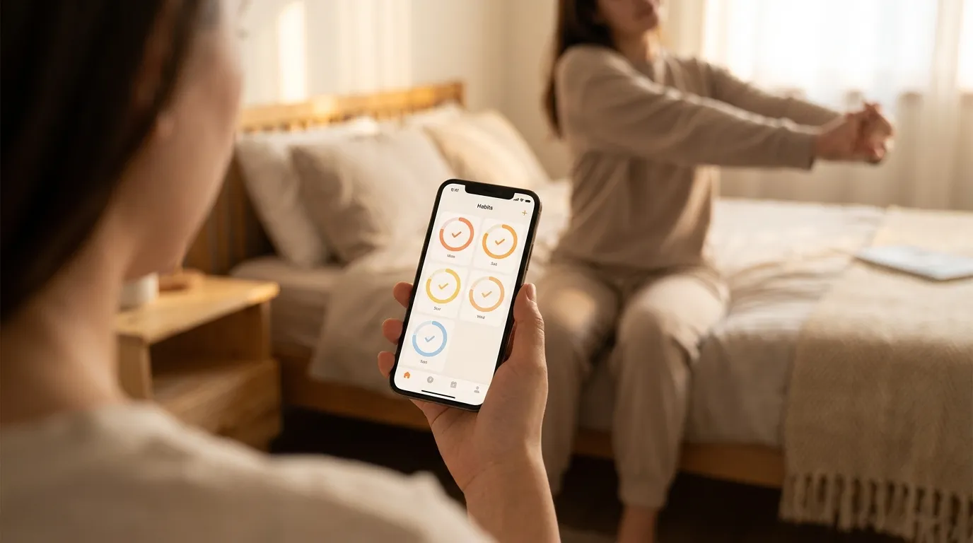 Person doing a tiny habit at home, stretching beside bed in soft light