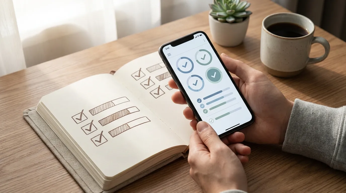 Person noticing a distracting phone habit at a tidy home desk