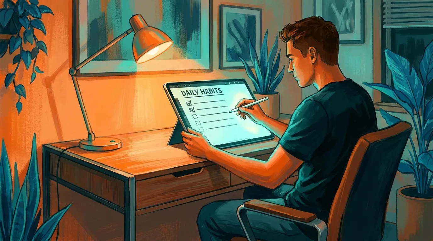 Person reviewing daily habits on a colorful digital tracker