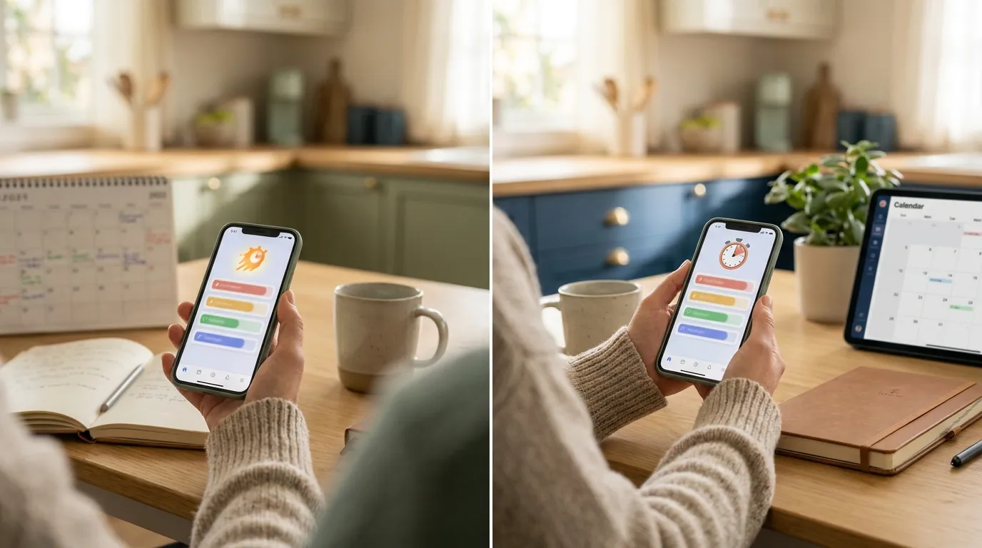 Person using a minimalist habit app at a kitchen table