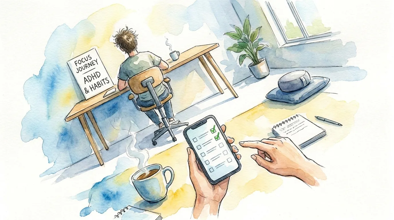 Person using a simple habit tracker at a desk with calm morning light