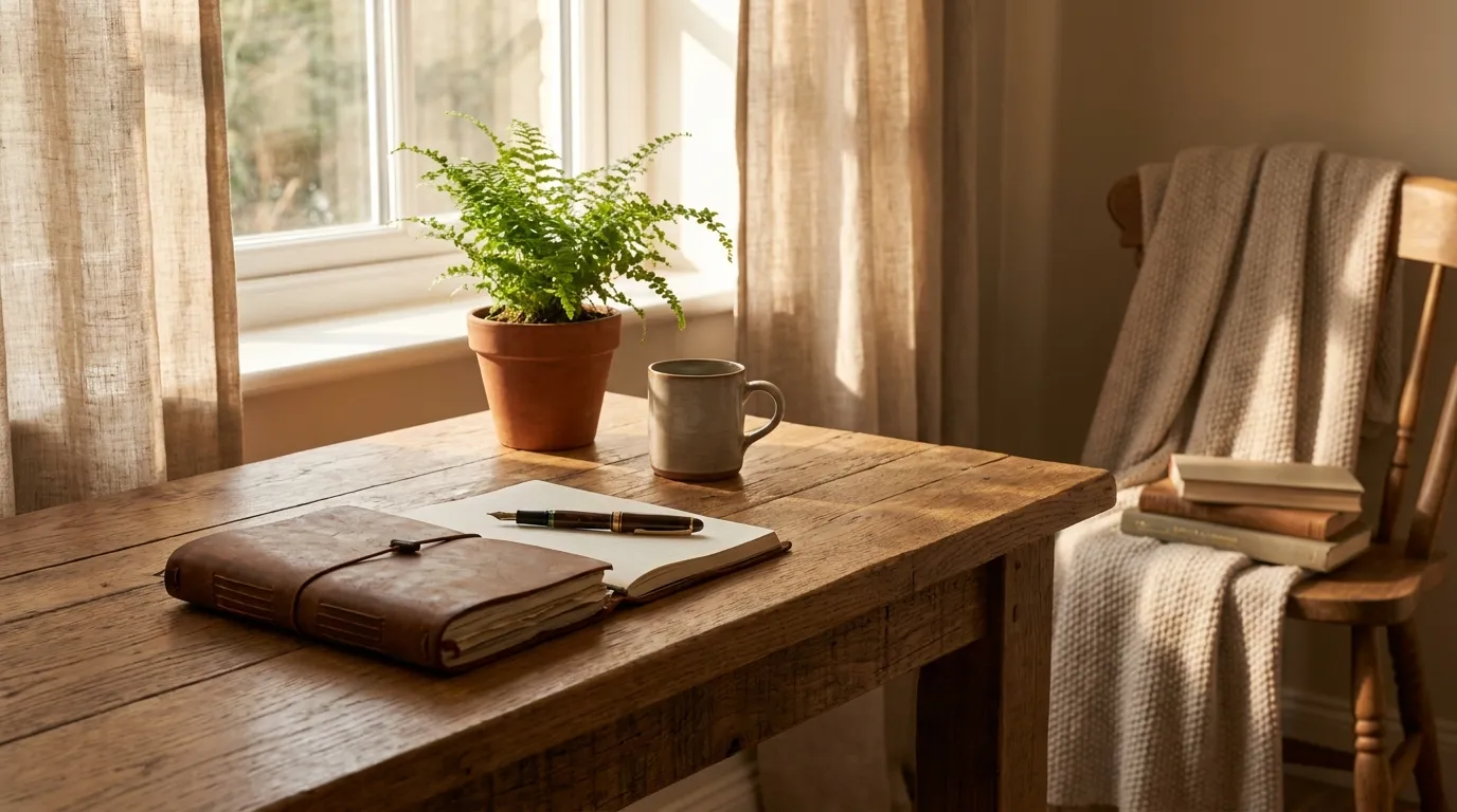 A serene workspace featuring a wooden desk with a journal, an open pen, and a potted plant bathed in soft, natural light. The textures of wood and greenery create a calm, inviting atmosphere, emphasiz