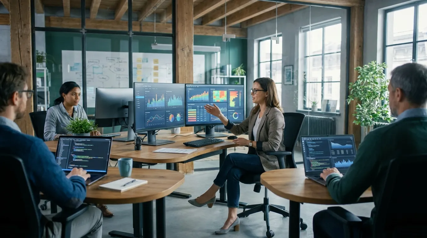 SEO strategist comparing content scoring dashboards on a large monitor