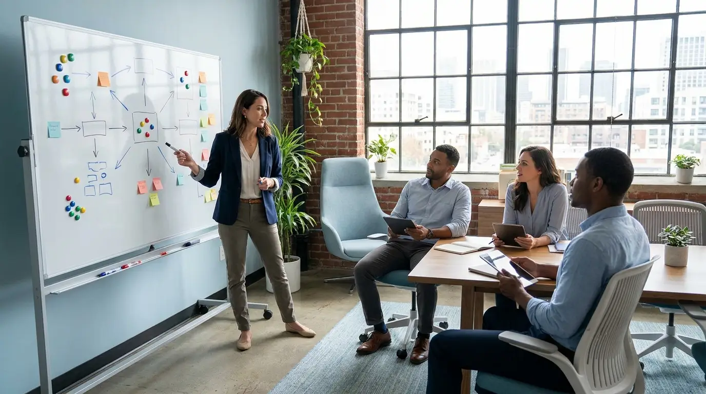 SEO strategist planning AI-driven marketing workflow on whiteboard