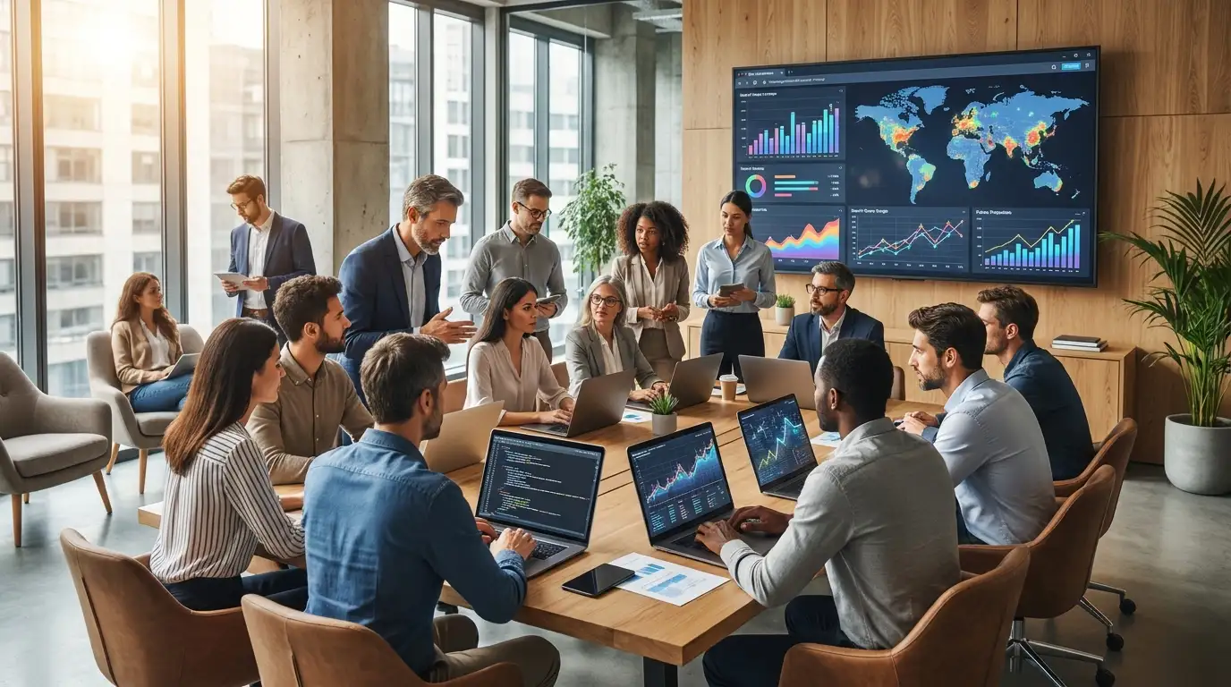 SEO team reviewing search trend dashboards