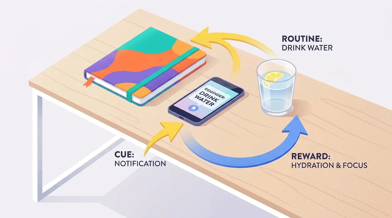 Simple cue routine reward diagram on a desk