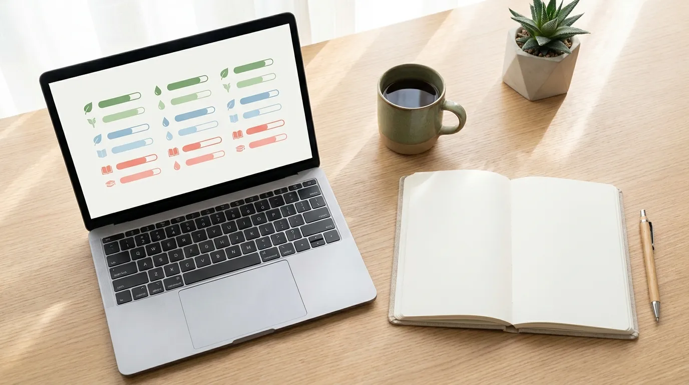 Simple habit tracker board with colored streaks and calm workspace elements