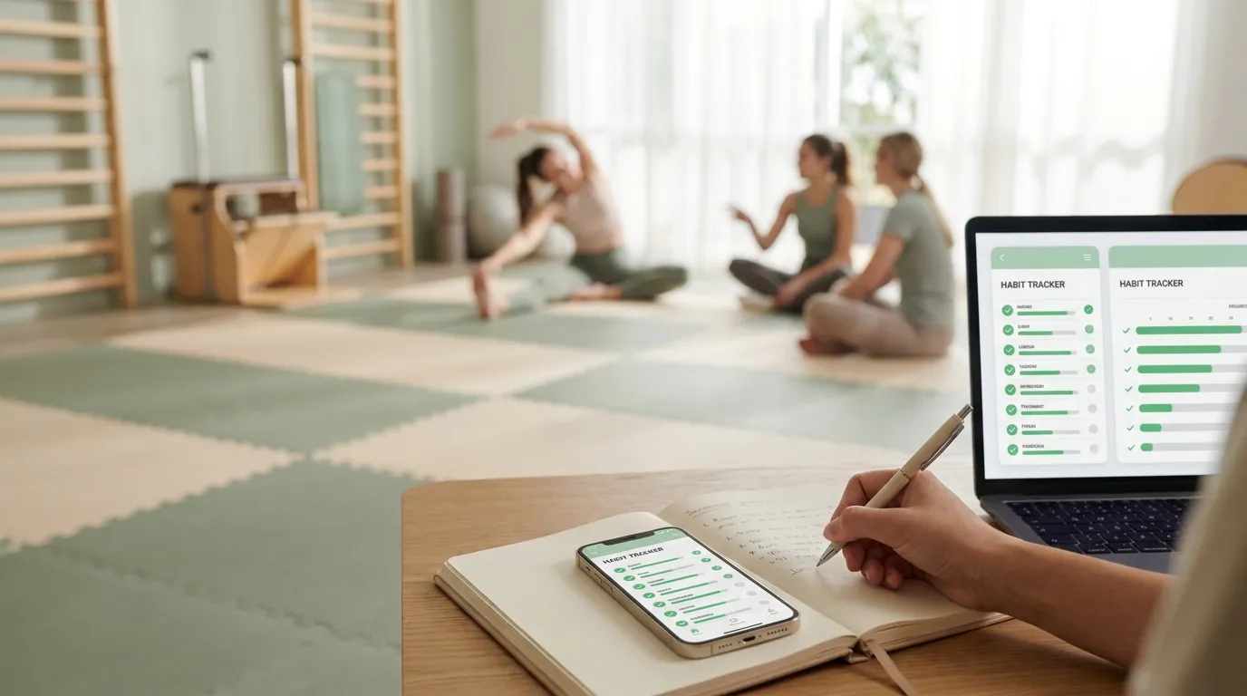 Simple mobile and desktop habit tracking sync view with calming colors