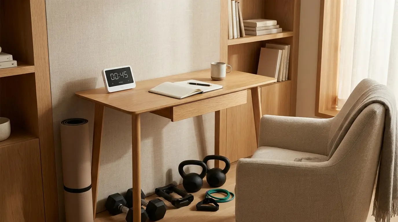 Simple timer and notebook on clean desk