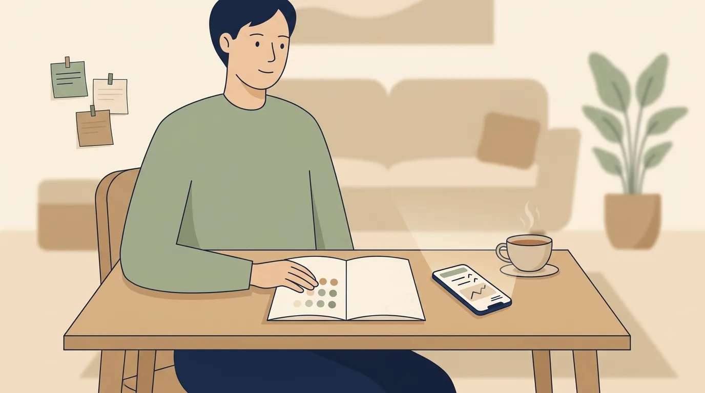 Simple weekly review setup with notebook, phone, and calm progress visuals