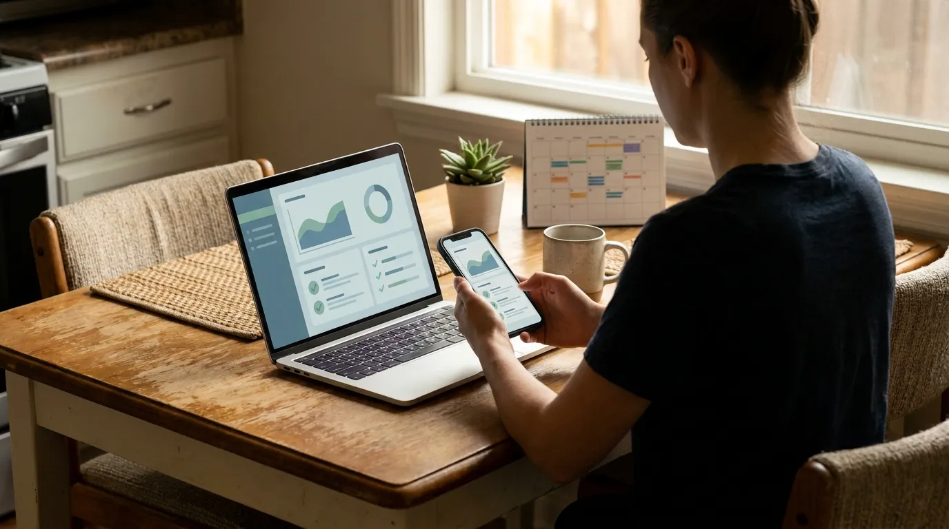 Single person reviewing habits on phone and laptop