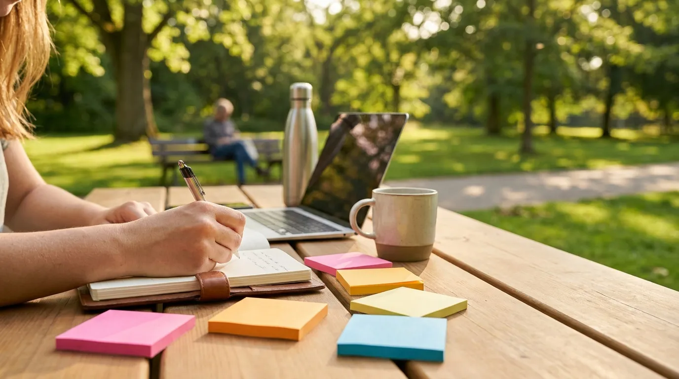Student or professional at a simple desk opening a laptop with a water bottle, notebook, and calm workspace prepared for a focused daily routine, natural light, no text