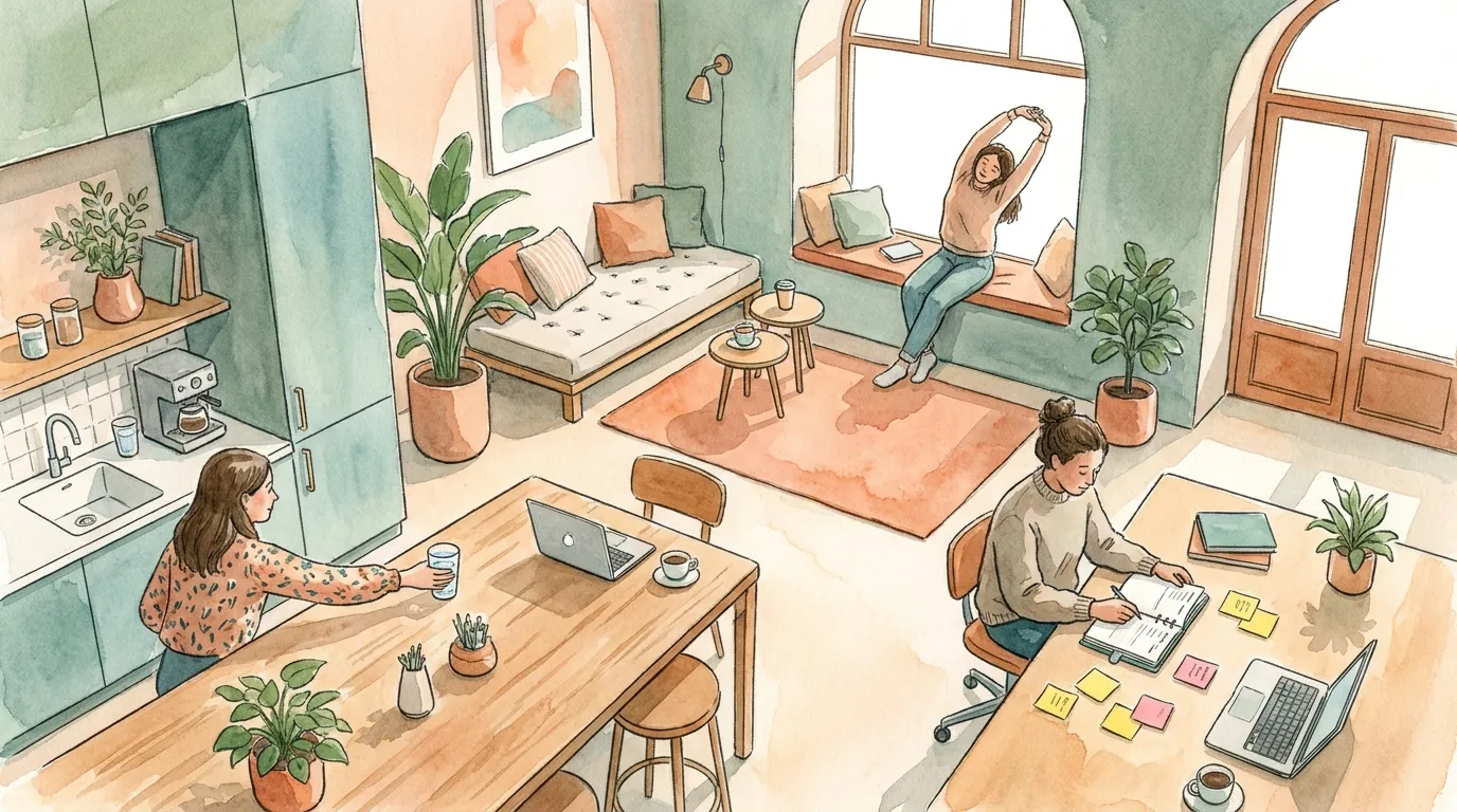 Three tiny daily habits shown in a calm home routine scene