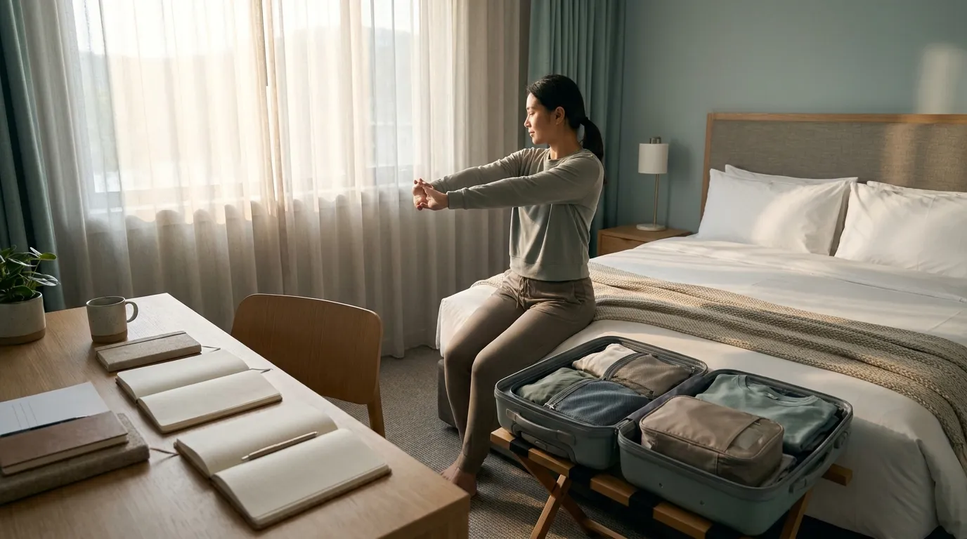 Traveler doing a tiny hotel-room routine