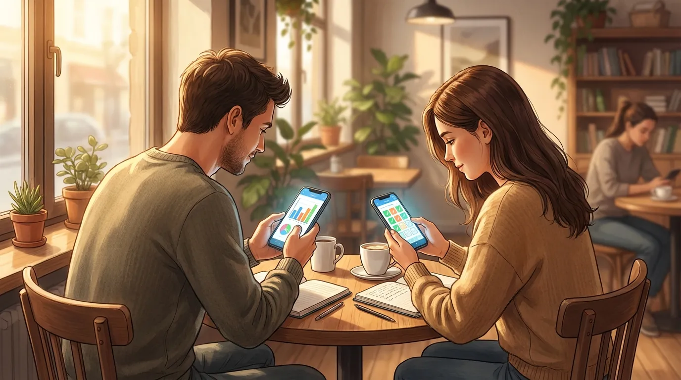 Two people checking habits together on a mobile app