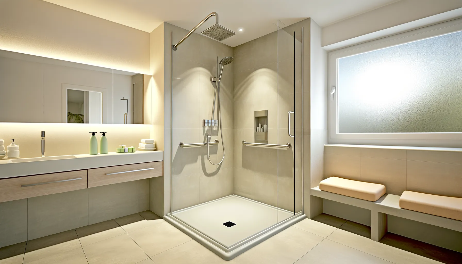 Altersgerechtes Badezimmer mit bodengleicher Dusche