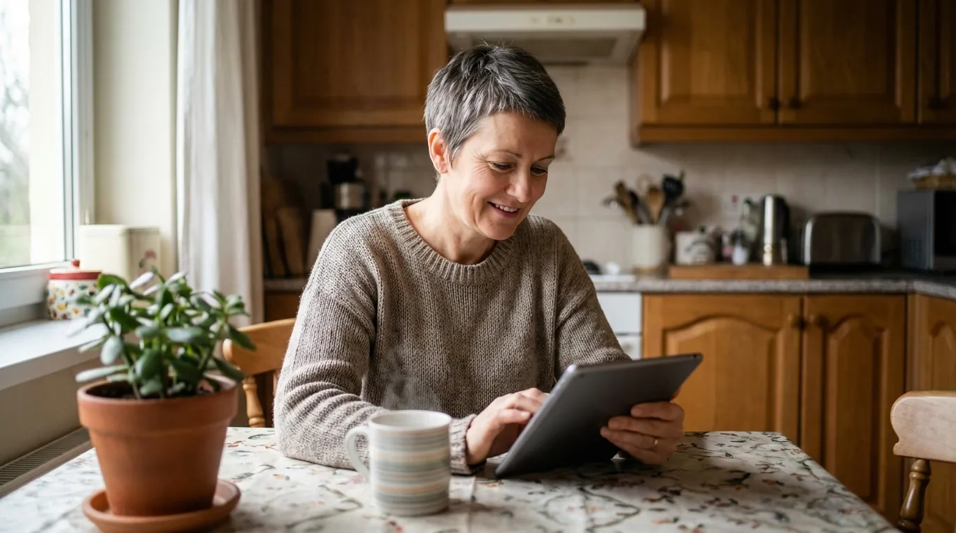 Angehörige entspannt mit Tablet am Küchentisch