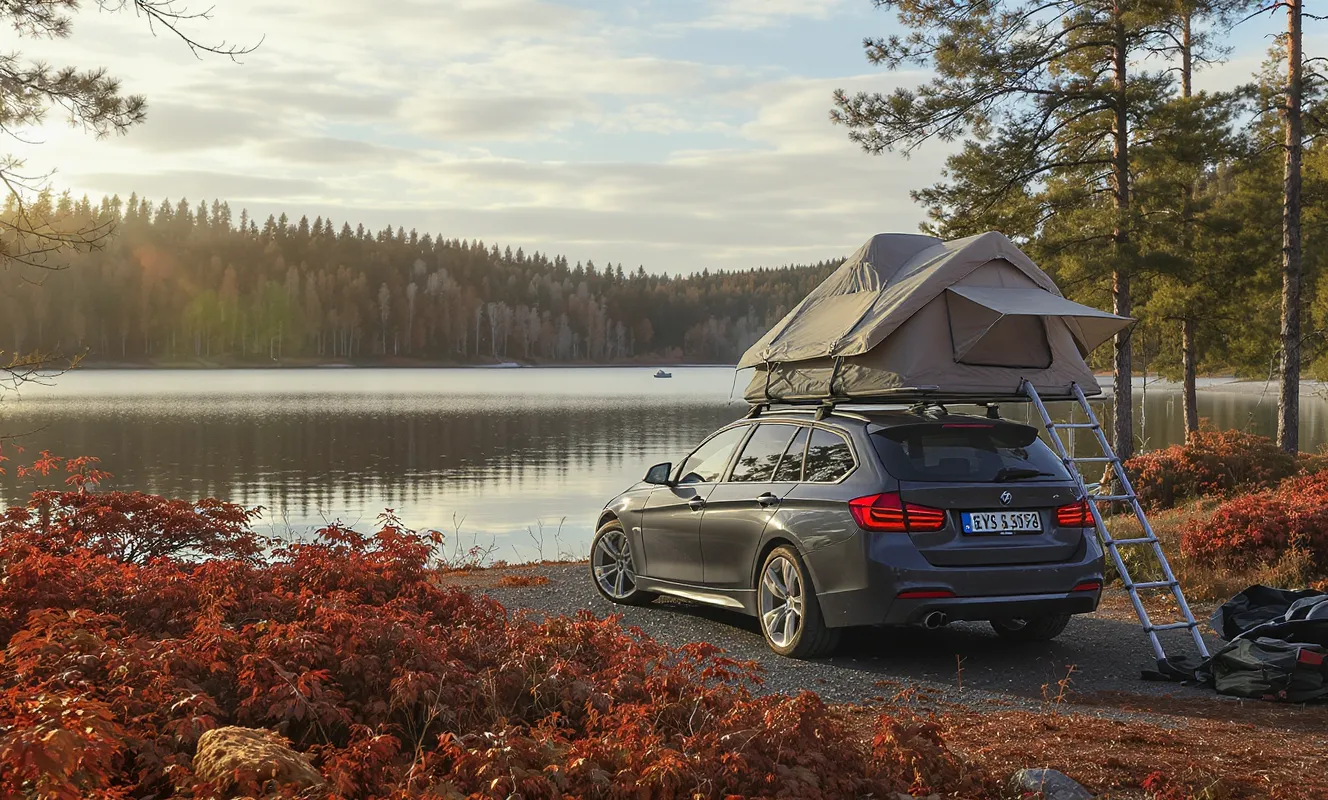 Dachzelt auf einem Auto an einem schwedischen See