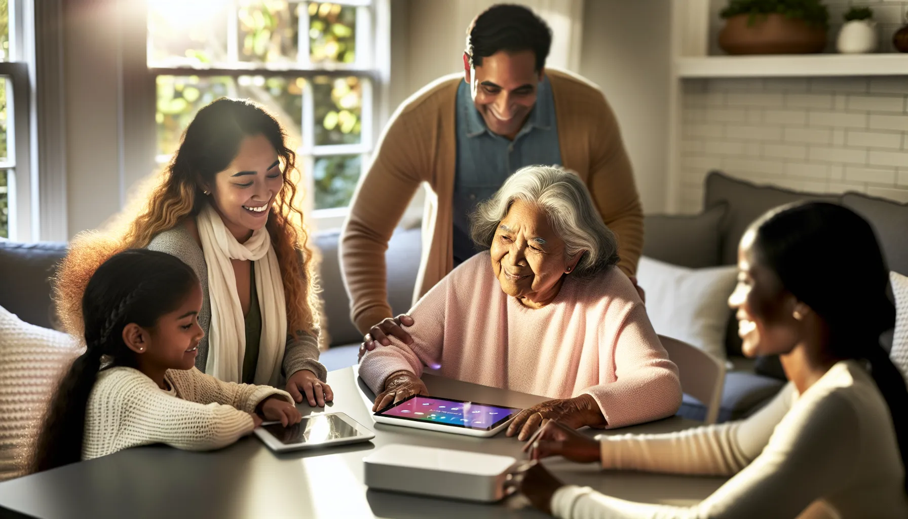 Smart Home für Senioren 2026: Benutzerfreundliche Systeme zur Gesundheitsüberwachung 3 Familie richtet Smart Home für Seniorin ein