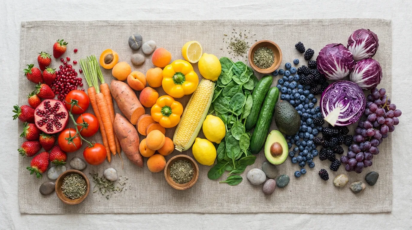 Farbenfrohe Chakra-Lebensmittel von unten nach oben angeordnet