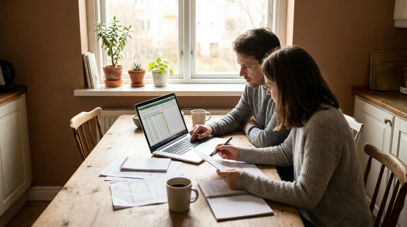 Finanzplanung am Küchentisch, Laptop und Unterlagen